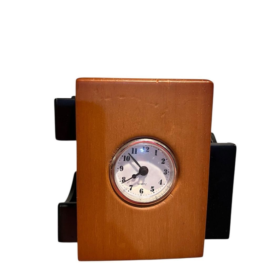 Swivel Wooden Desk Caddy with Clock and Black Accents